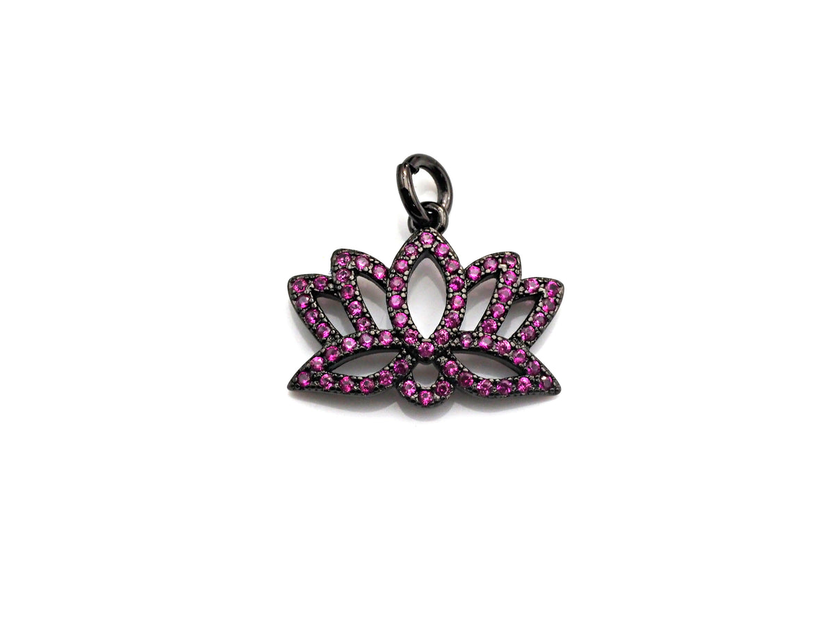 CZ Micro Pave lotus Flower Charm, Lotus Flower Cubic Zirconia Pendant, Black/Fuchsia/Cobalt CZ Yoga Charm Findings, 15x19mm,SKU#X134