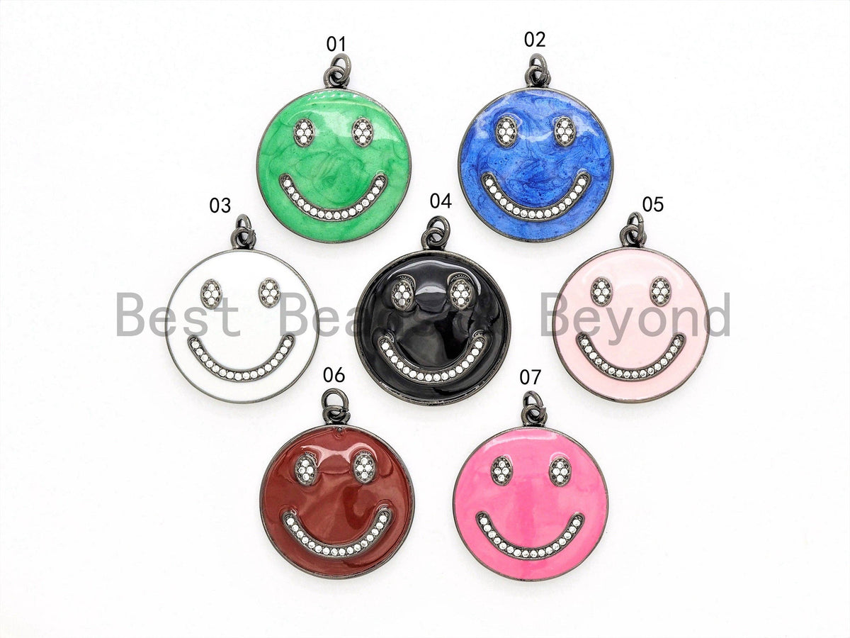 NEW Colorful Enamel Oil Drop Emoji Smiley Face Round Pendant,Cubic Zirconia Round Pave Pendant Charm Beads, Pave Pendant, 25x28mm, SKU#F562