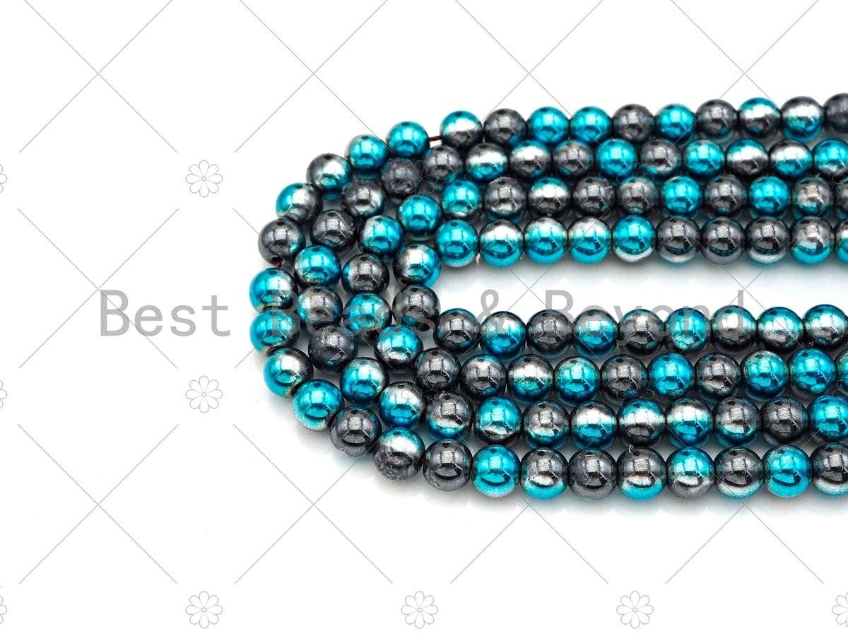 New!!! Half Plated Blue Natural Hematite Beads, 4mm/6mm/8mm Pecock Blue Round Smooth Beads,15.5'' Full Strands, Sku#S131