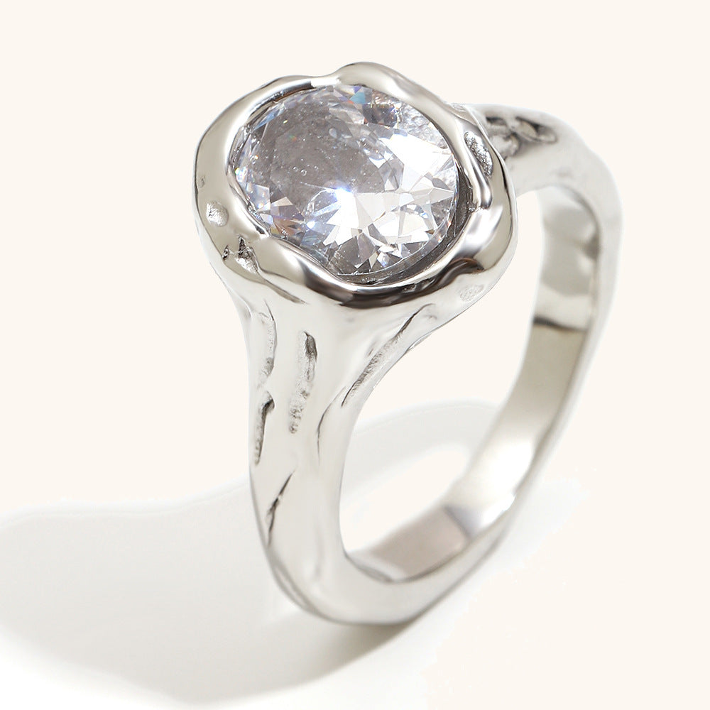 Stainless Steel 18K Gold-Plated Holed Dove-Egg Zircon Ring For Women Lite Luxury