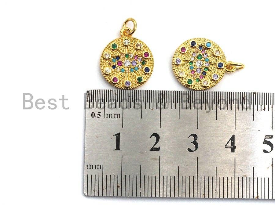 CZ Colorful Micro Pave Round Gold With Evil Eye Pendant, Coin Shaped Pave Pendant, Gold plated, 15x17mm, Sku#F867