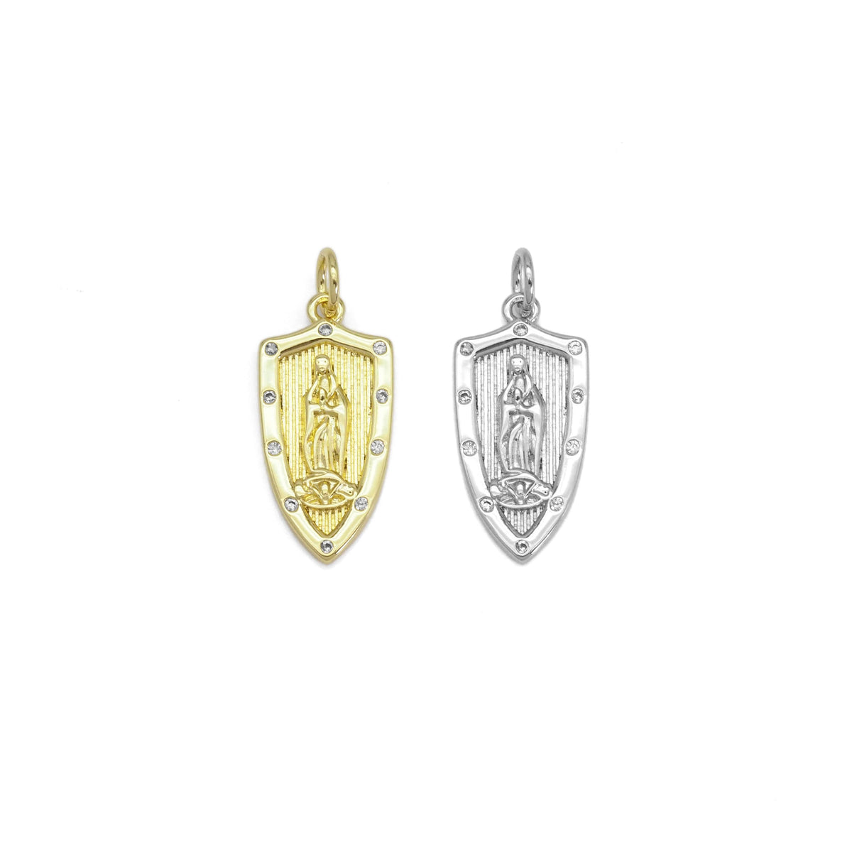 Clear CZ Gold Virgin Mary On Shield Charm, Sku#LX367