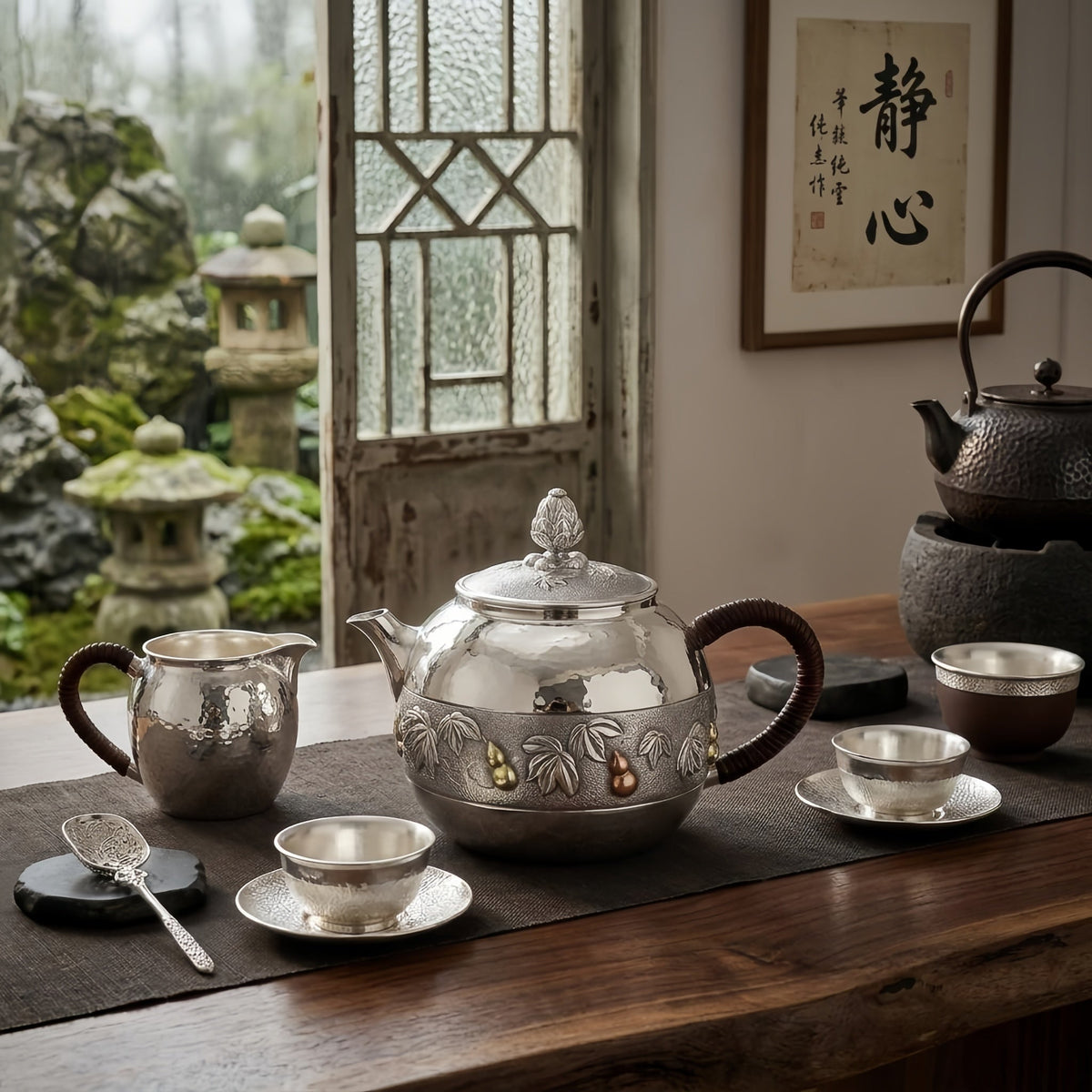 Pure 999 Fine Silver Handcrafted Silver Teapot with Embossed Leaf and Gourd Motifs and Woven Handle - Handicraft
