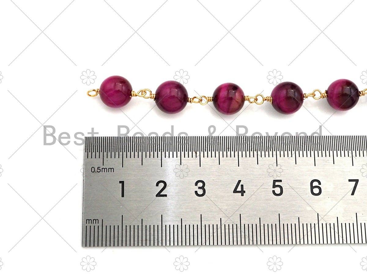 Teal Blue/Fuchsia/Navy Blue High Quality Tiger Eye Rosary Chain, 8mm Beaded Chain, Wire Wrapped Gold Chain,Sku#V81