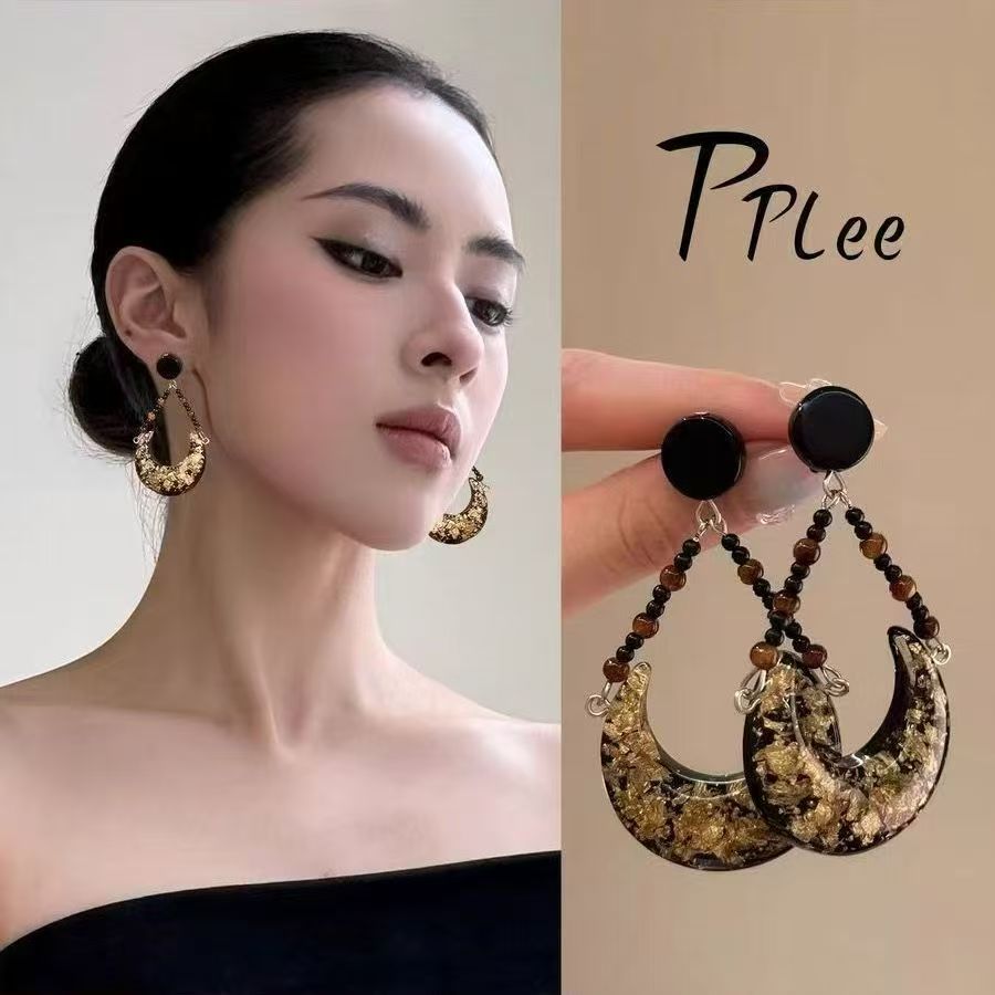 Retro Black & Gold Moon Beaded Stud Earrings, Hong Kong Style Niche High-end Jewelry