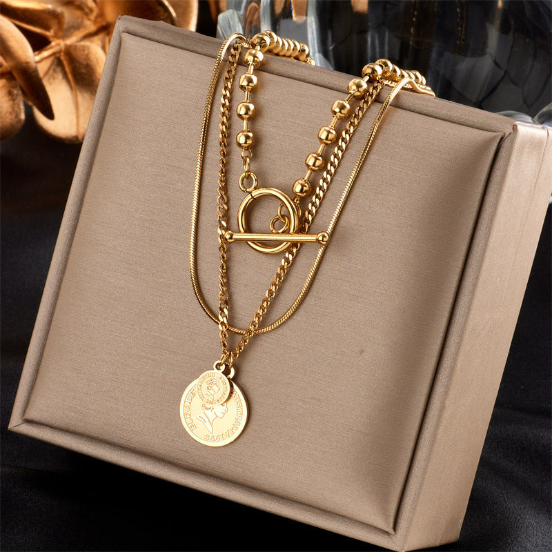 European And American Retro Butterfly Pearl Double-Layered Necklace For Women, Cross-Border Light Luxury Niche Stainless Steel Gold-Plated Jewelry Necklace