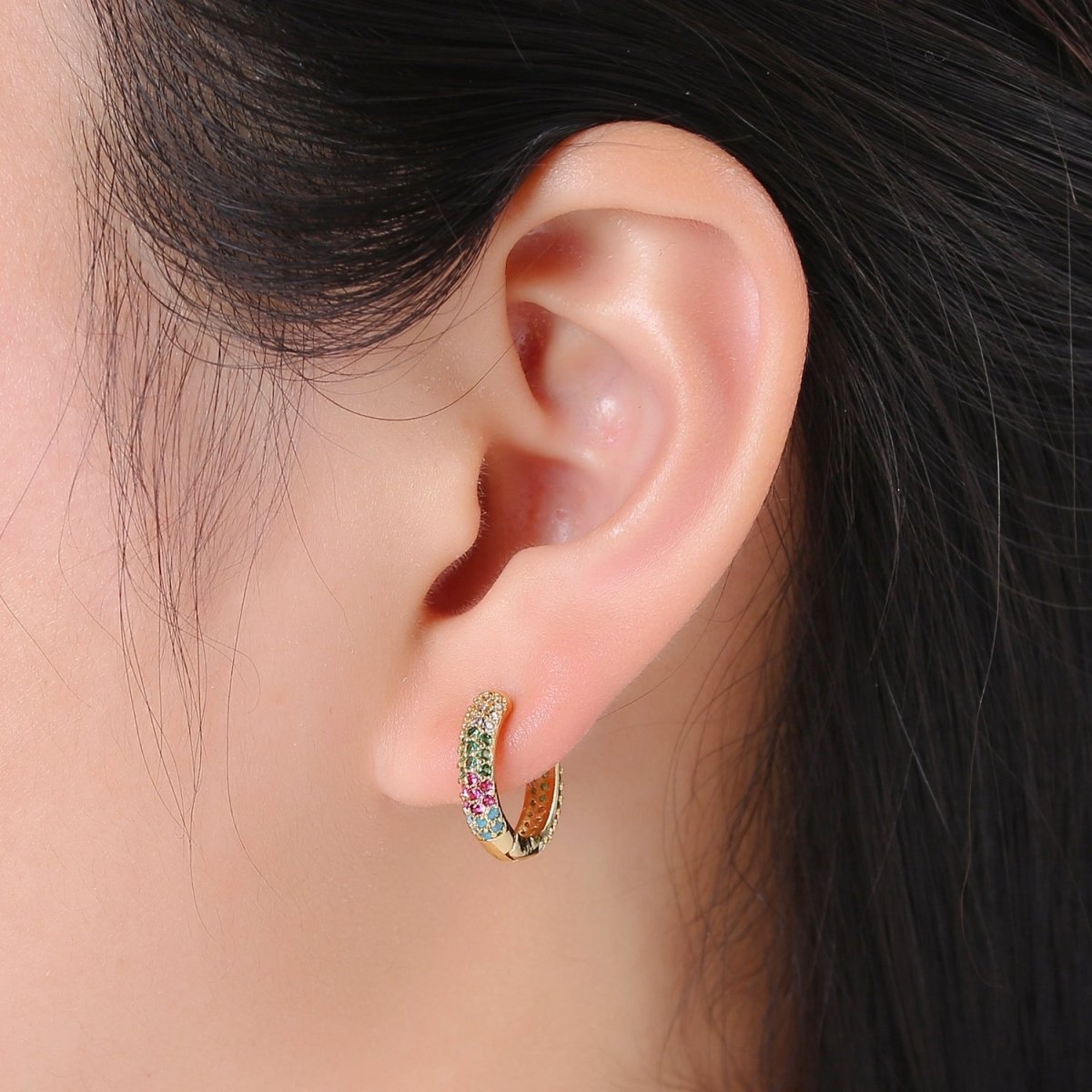 1 pair Hoops - Black, Blue, Clear, Red, Green, Multi-color Zirconia or Teal Gold CZ earrings - 24K Gold Huggie hoops Q-434 - Q-439