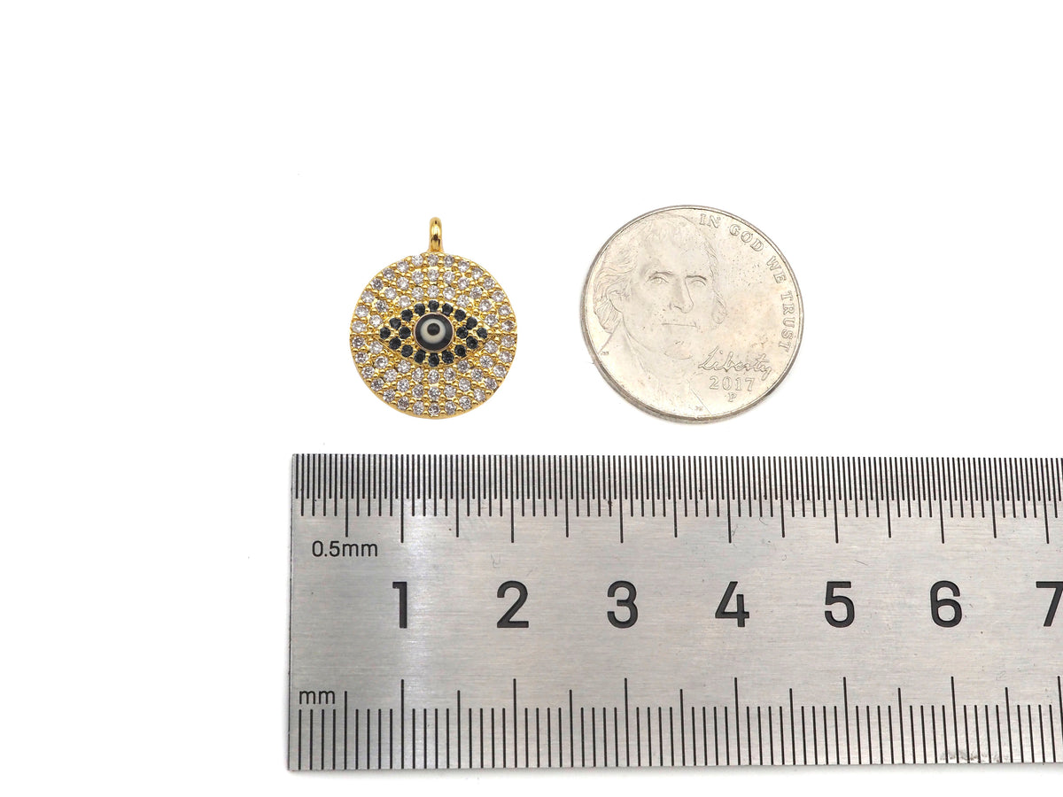 CZ Micro Pave Evil Eye On Round Coin Shape Pendant/Charm,Cubic Zirconia Blue Evil Eye Charm, Necklace Bracelet Charm, 17x14mm, Sku#F1397