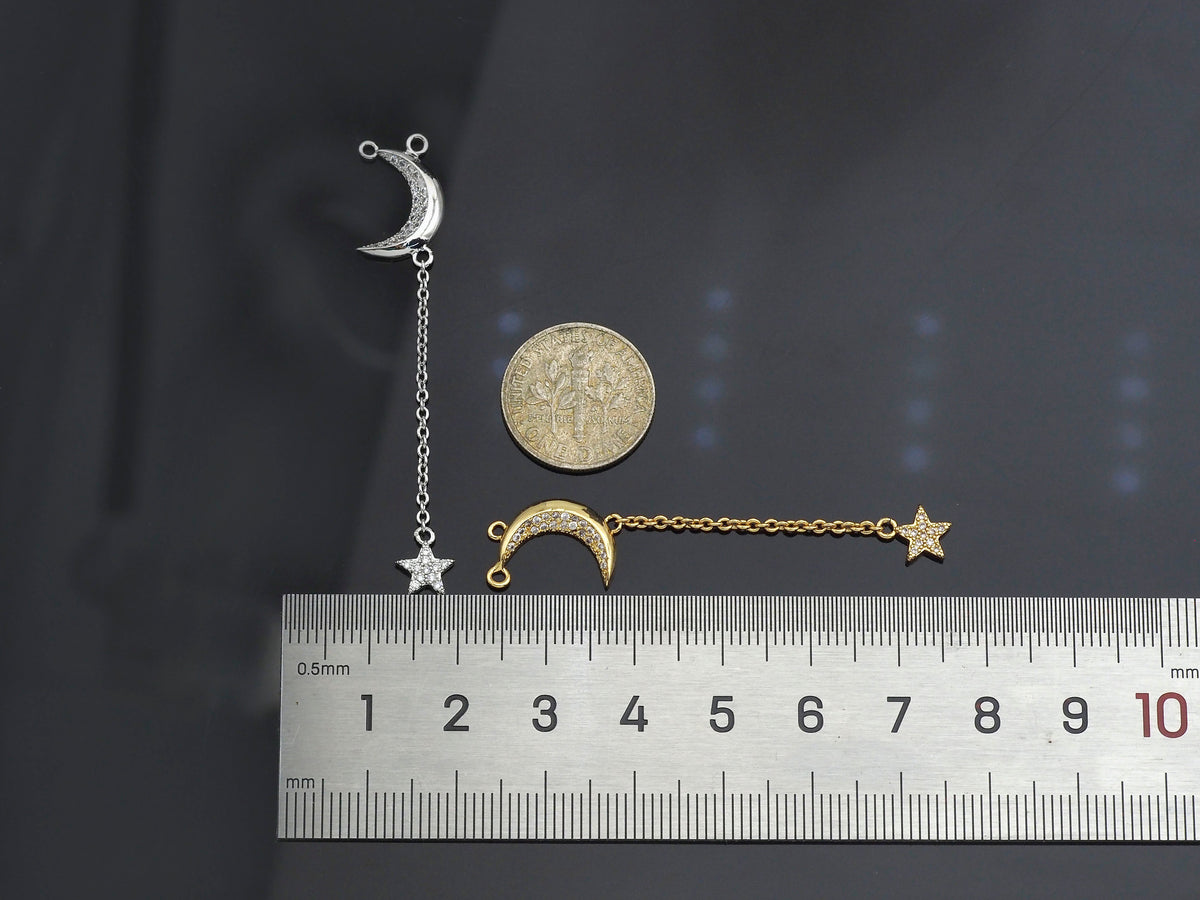 CZ Micro Pave Moon North Star Pendant/Charm, Star Moon Pendant, Clear CZ Micro Pave Charm, 11x55mm, sku#F1266