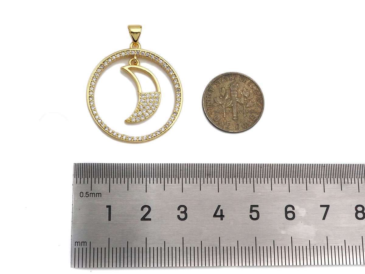 Clear CZ Micro Pave Cresent Moon Hanging in Round Ring Shape Pendant Charm, Cubic Zirconia Round Ring Moon Charm,27x30mm,Sku#LK154