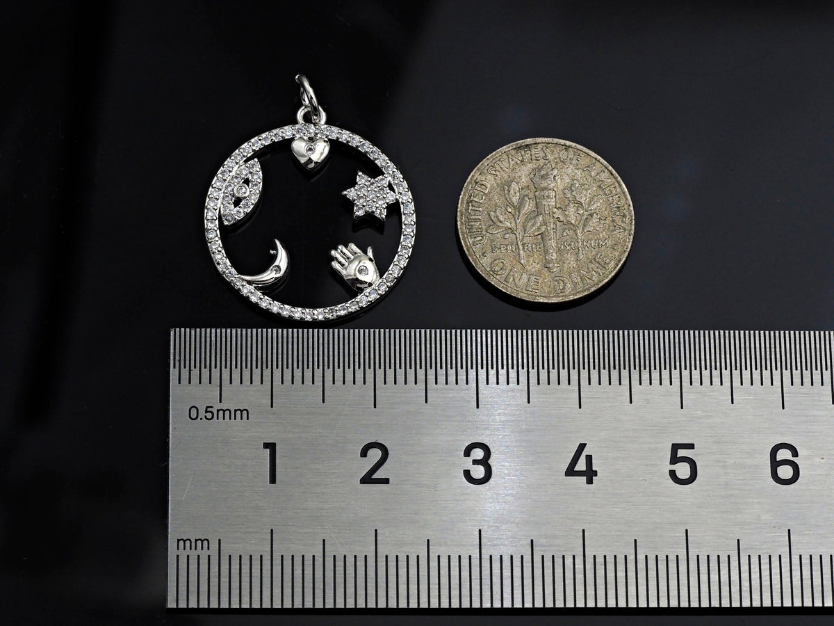 CZ Micro Pave Evil Eye Hand Star On Round Ring Pendant , 21x23mm, Cubic Zirconia Round Ring Pave Pendant Beads, Pave Charm, SKU#F1188