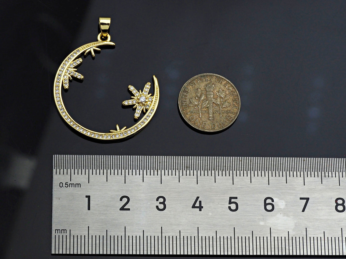Clear CZ Micro Pave Flower Star On Cresent Moon Shape Pendant Charm, Cubic Zirconia Moon Charm,30x33mm,Sku#LK156