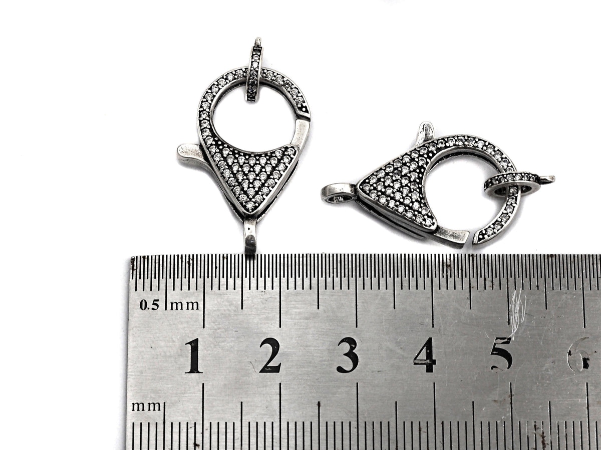 CZ Micro Pave Teardrop Lobster Claw Clasp, Cubic Zirconia Clasp, Antique Silver Plated Clasp, 18x26mm,sku#H173