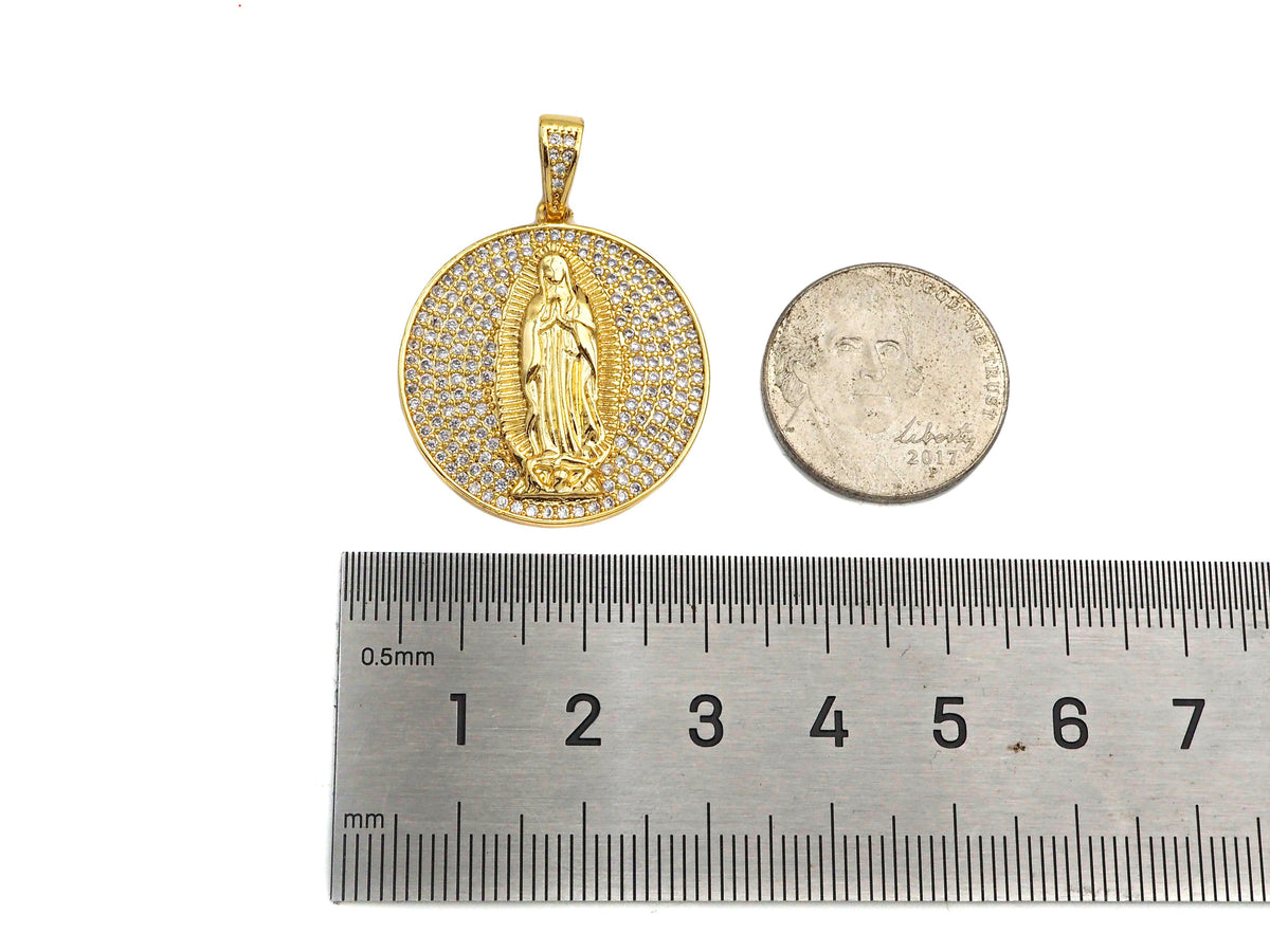 CZ Micro Pave Virgin Mary On Round Coin Shape Pendant,18K Gold Filled/Silver Medallion Charm, Necklace Bracelet Pendant,26x29mm,Sku#F1406