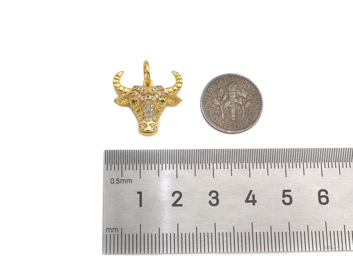 CZ Micro Pave Bull's Head Shape Pendant/Charm,Cubic Zirconia Dainty Gold Charm, Necklace Bracelet Charm Pendant,20x18mm, Sku#F1384