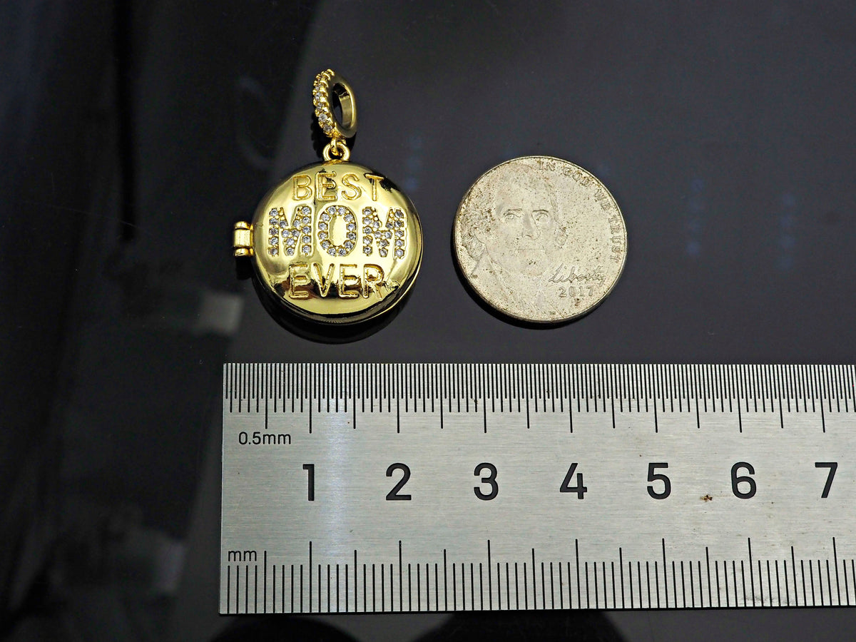 CZ Micro Pave Mom On Open-Up Round Box Shape Pendant, 22x23mm,Sku#F1405C
