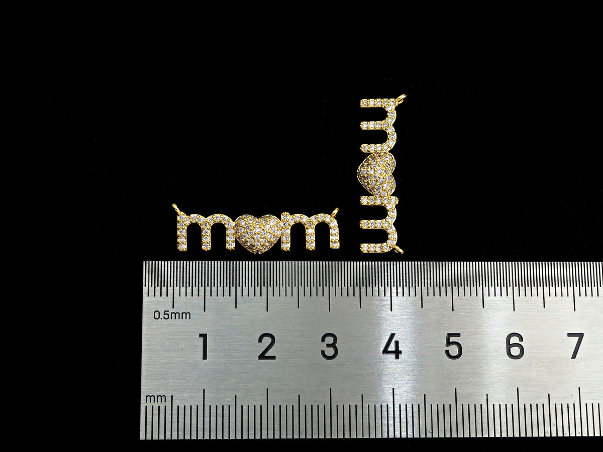 CZ Micro Pave Mom Alphabet With Heart Pendant/Charm,Cubic Zirconia Paved Charm, Necklace Bracelet Charm Pendant, 8x28mm,sku#F1132