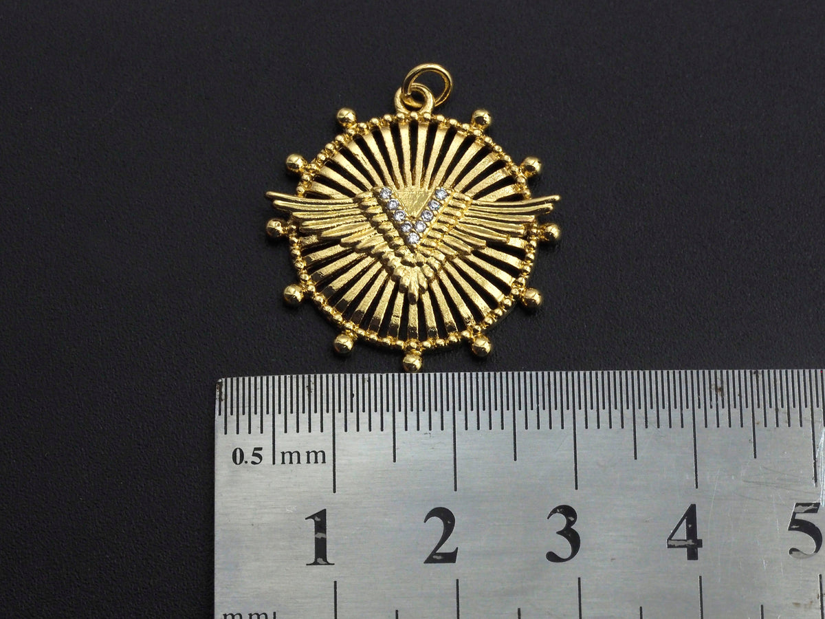 CZ Micro Pave Medallion Wing Pendant/Charm, 25x26mm, Sku#FH22