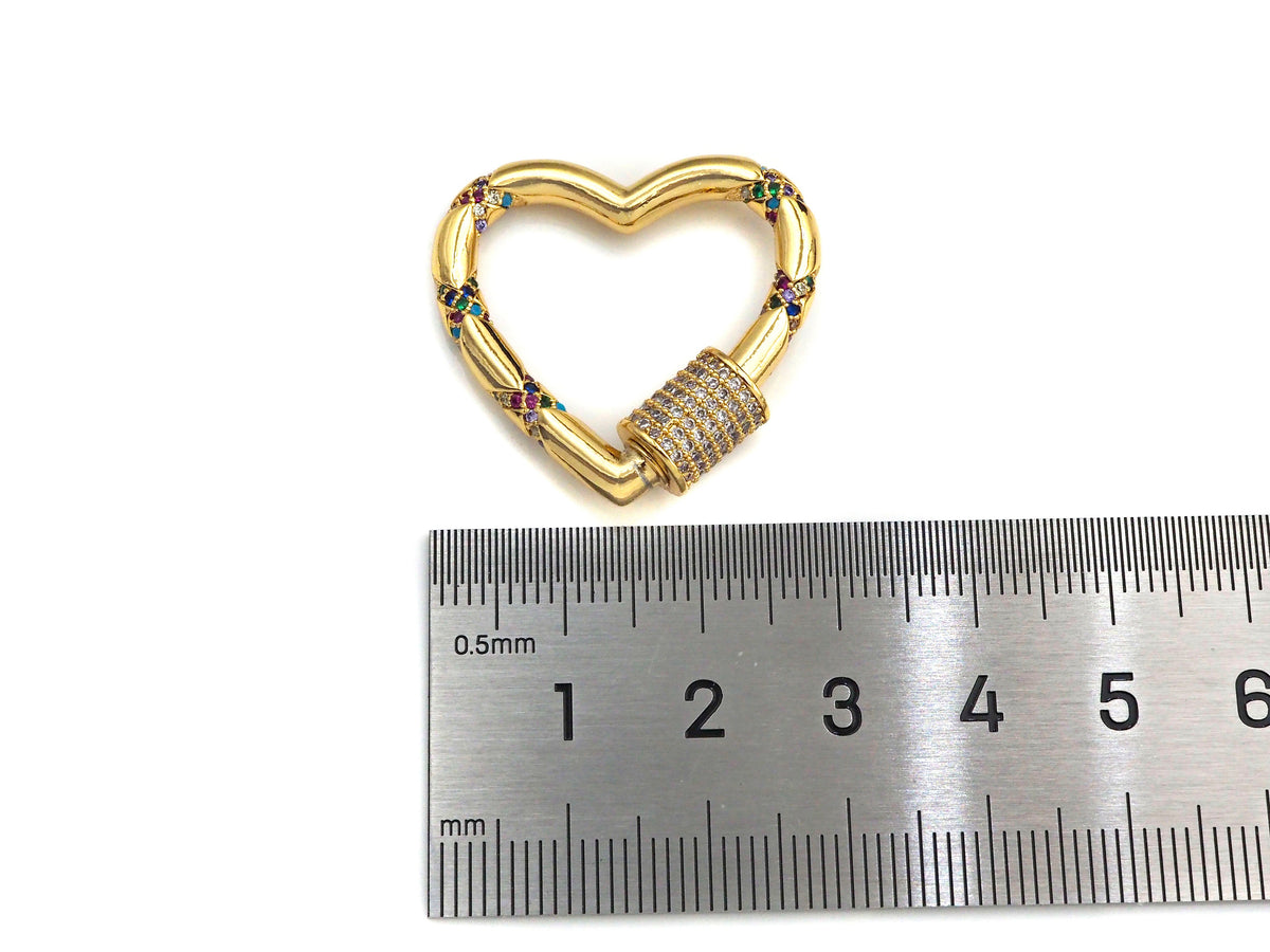 Gold Micro Pave Heart with Colorful CZ Cross Patten Clasp, Heart Lock, CZ Pave Gold Plated Clasp, 28x30mm,mm, sku#H267