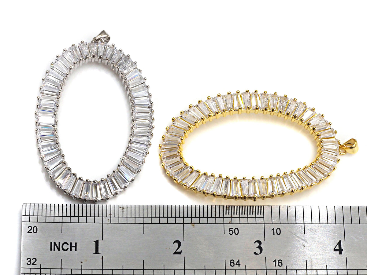 Large Micro Pave Bagette CZ Oval Pendant, Cubic Zirconia O Shape Pendant, Silver/Gold Tone, 39x62mm, Sku#FH82