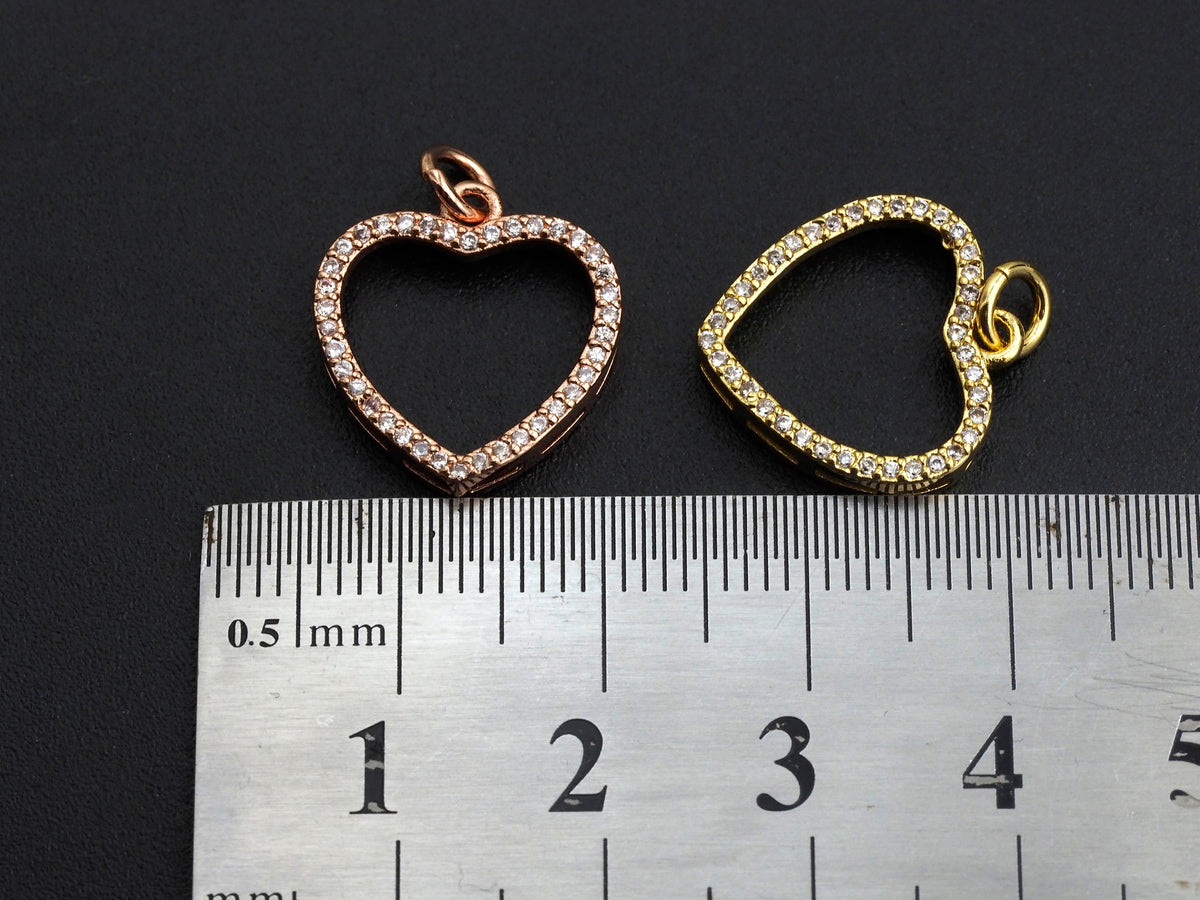 Clear CZ Micro Pave Open Heart Shape Pendant/Charm, Heart Cubic Zirconia Pendant, Silver/Gold/Rose Gold Tone,15x21mm,Sku#FH19