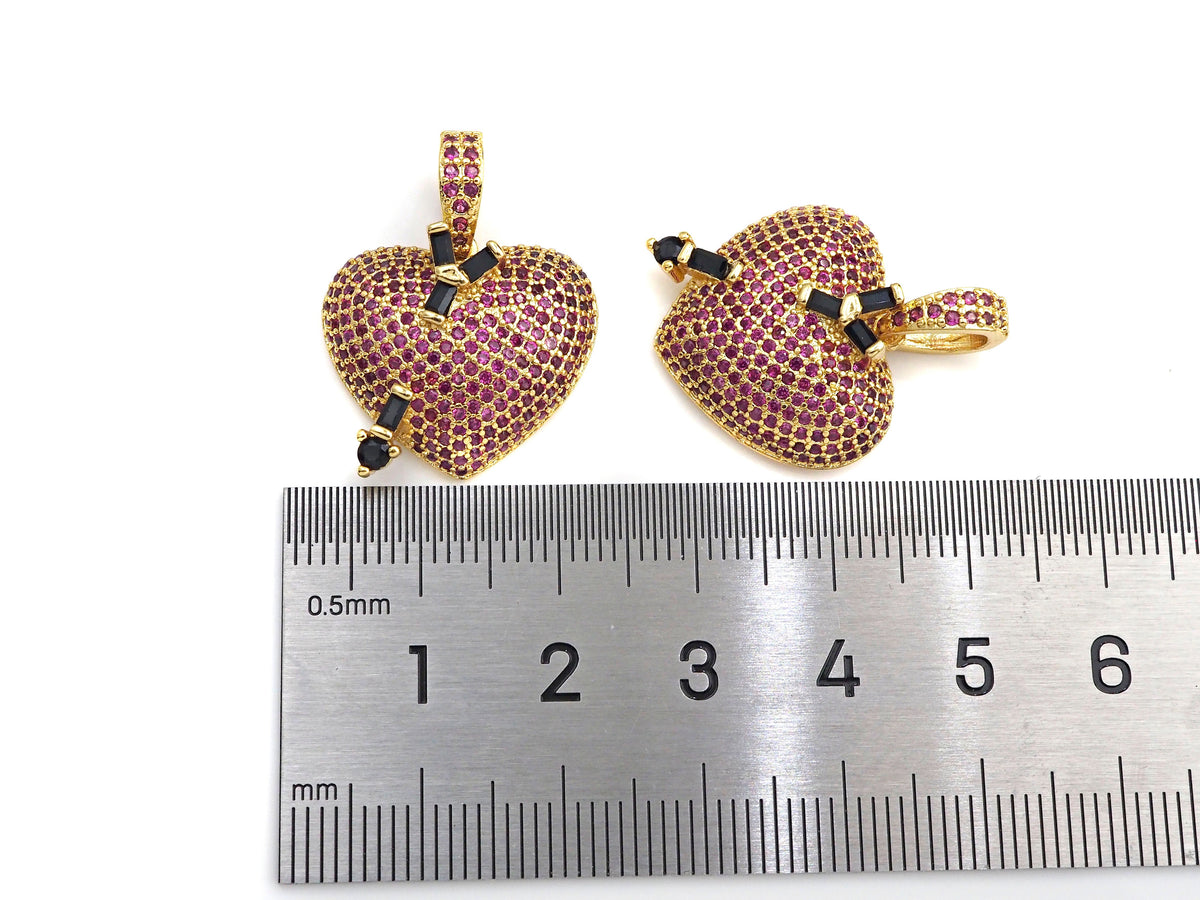 Fuchsia CZ Micro Pave Cupid's Arrow Heart Pendant, Cubic Zirconia Heart Pendant, Gold Tone pendant, 19mm, sku#F1122