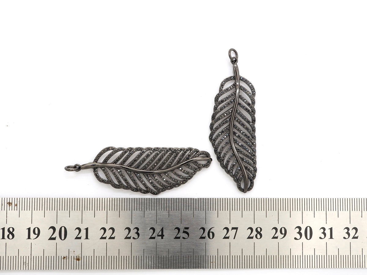 Black CZ Pave On Black Micro Pave Feather/Leaf Pendant/Charm,Cubic Zirconia Pendant,Fashion Jewelry Findings, 19x57mm, sku#F535