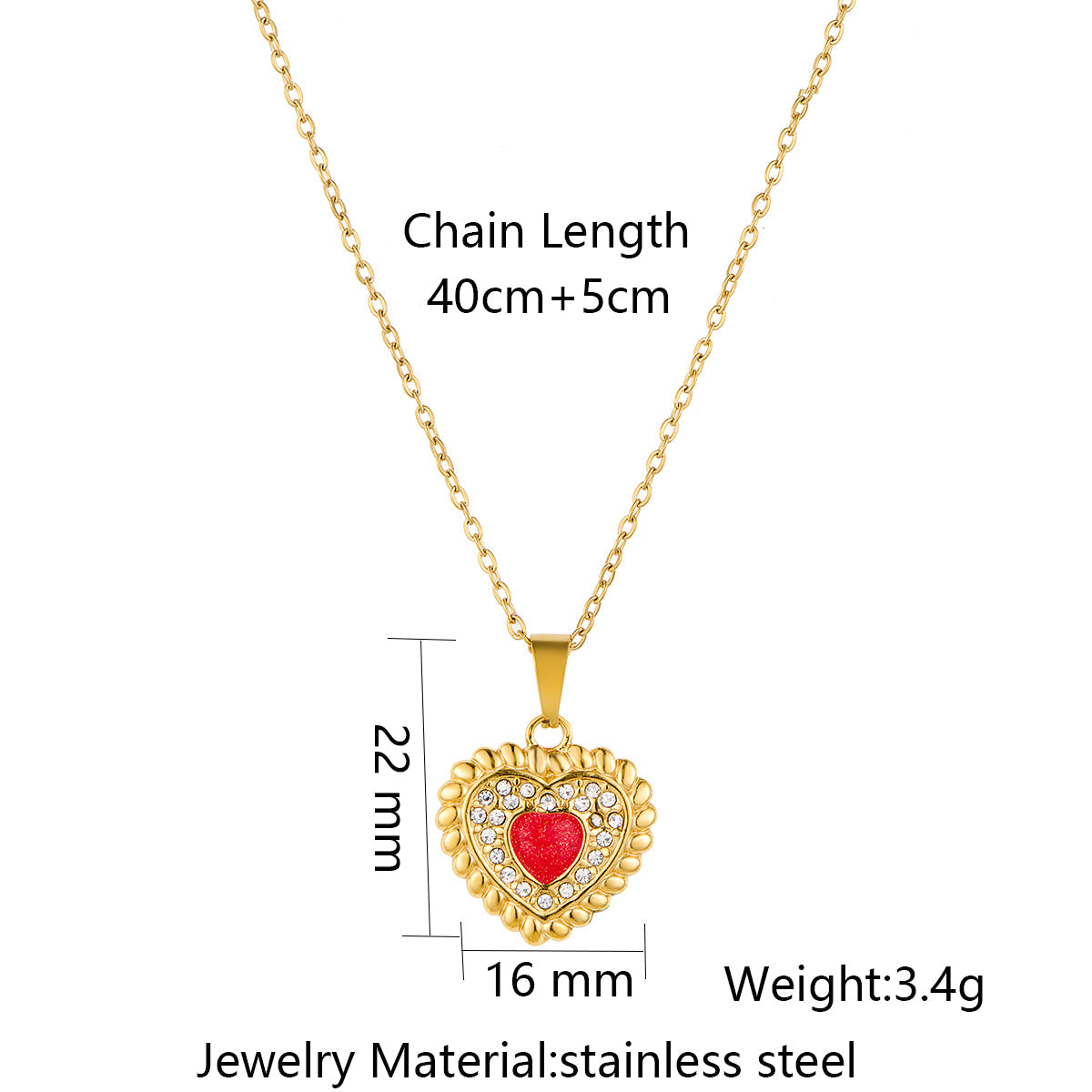 Stainless Steel Heart-shaped Drop-oil Inlaid Rhinestone Pendant Necklace