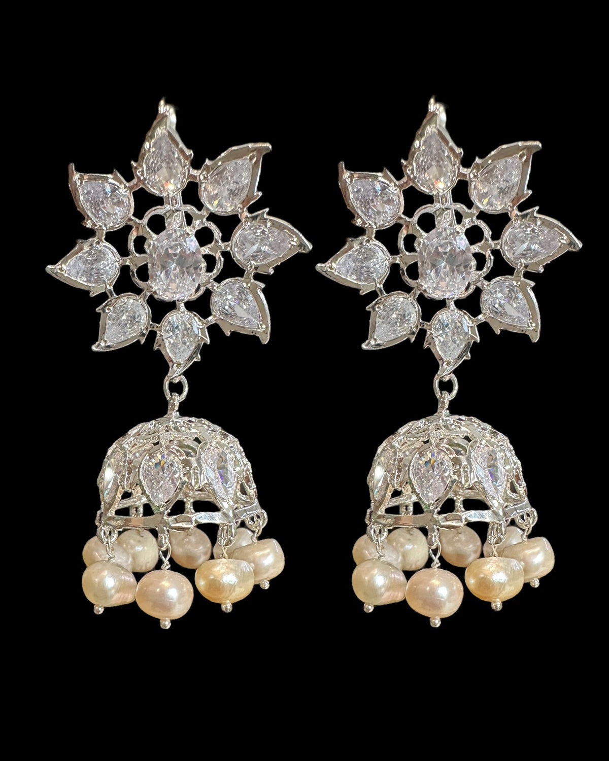 DER607 ✨ Evelyn Silver-Plated Karanphool Jhumka – With Pearls & High-Quality Zircon ( Ready to Ship )