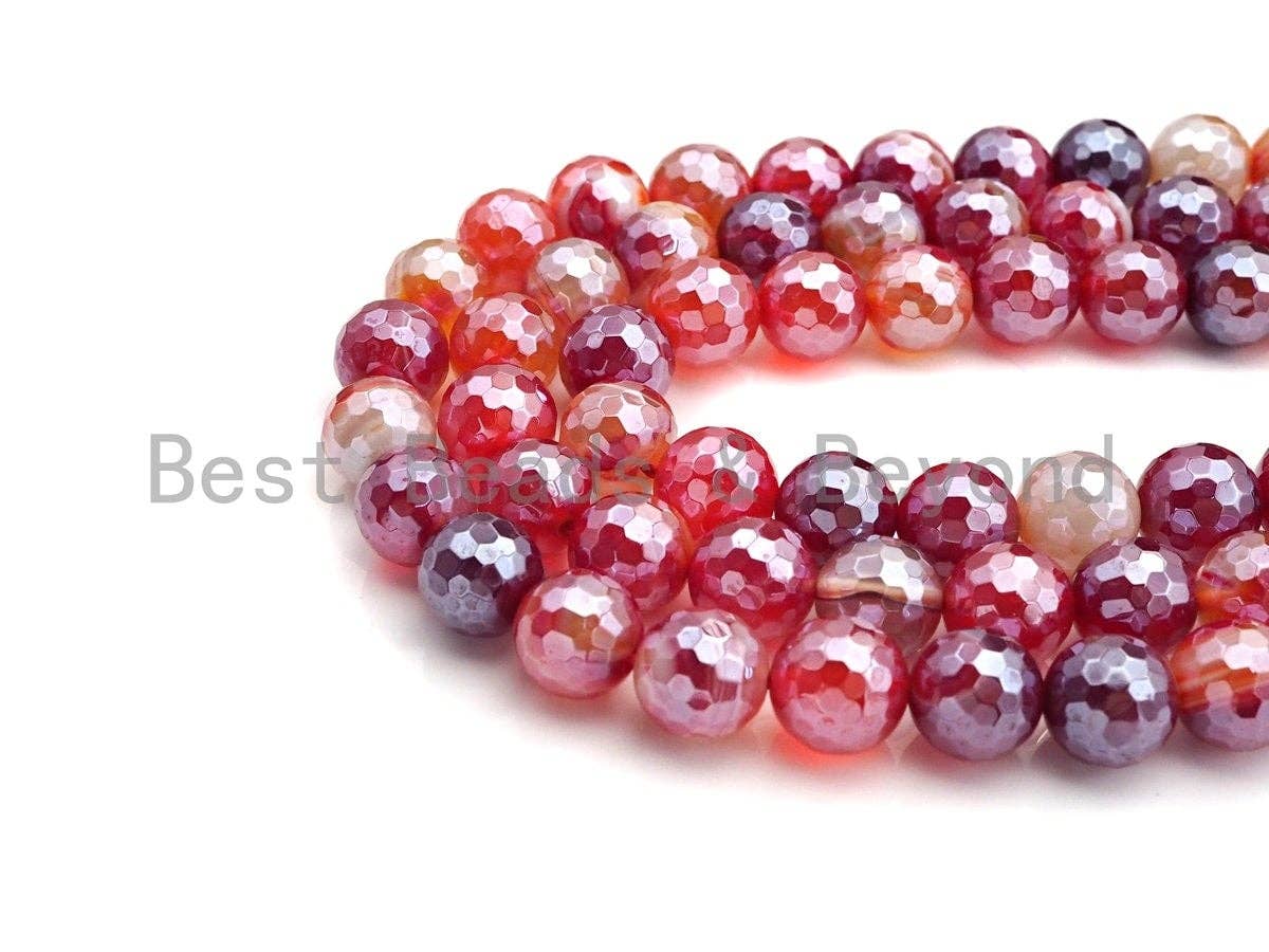 Mystic Plated Faceted Agate Beads,6mm/8mm/10mm,Plated Red Orange Banded Agate Beads,15.5" Full Strand, SKU#UA77
