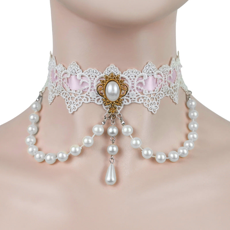 Pearl Lace Wear Pink Ribbon Female Tassel Necklaces