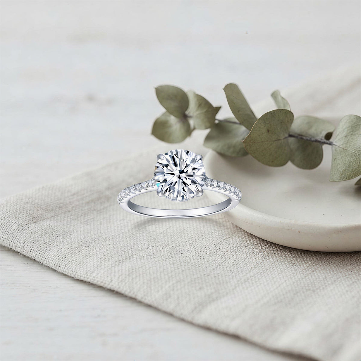 Moissanite Solitaire Ring in Sterling Silver with Platinum Plating – Minimalist Stackable Wedding Band for Women