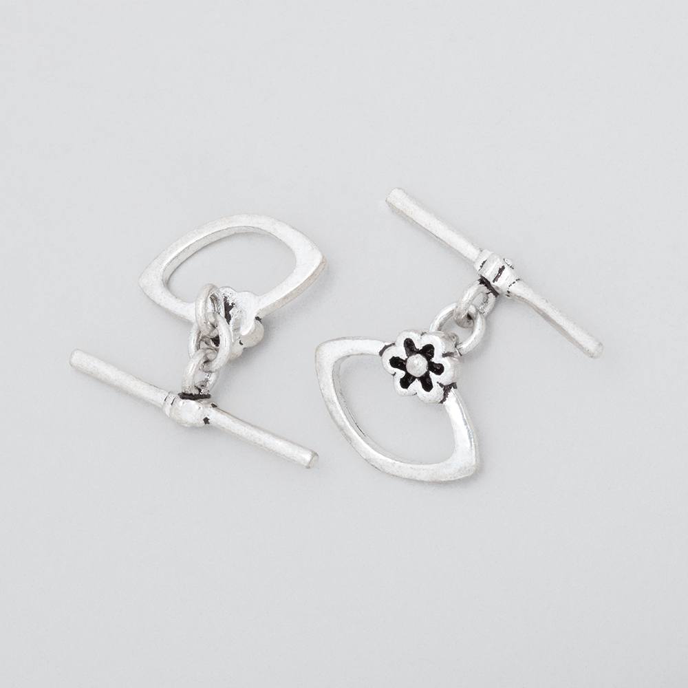 11x15mm Antiqued Sterling Silver Marquise Toggle with Flower 1 piece
