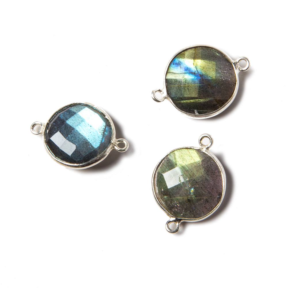 12-13mm Silver Bezeled Labradorite faceted coin Connector 1 piece