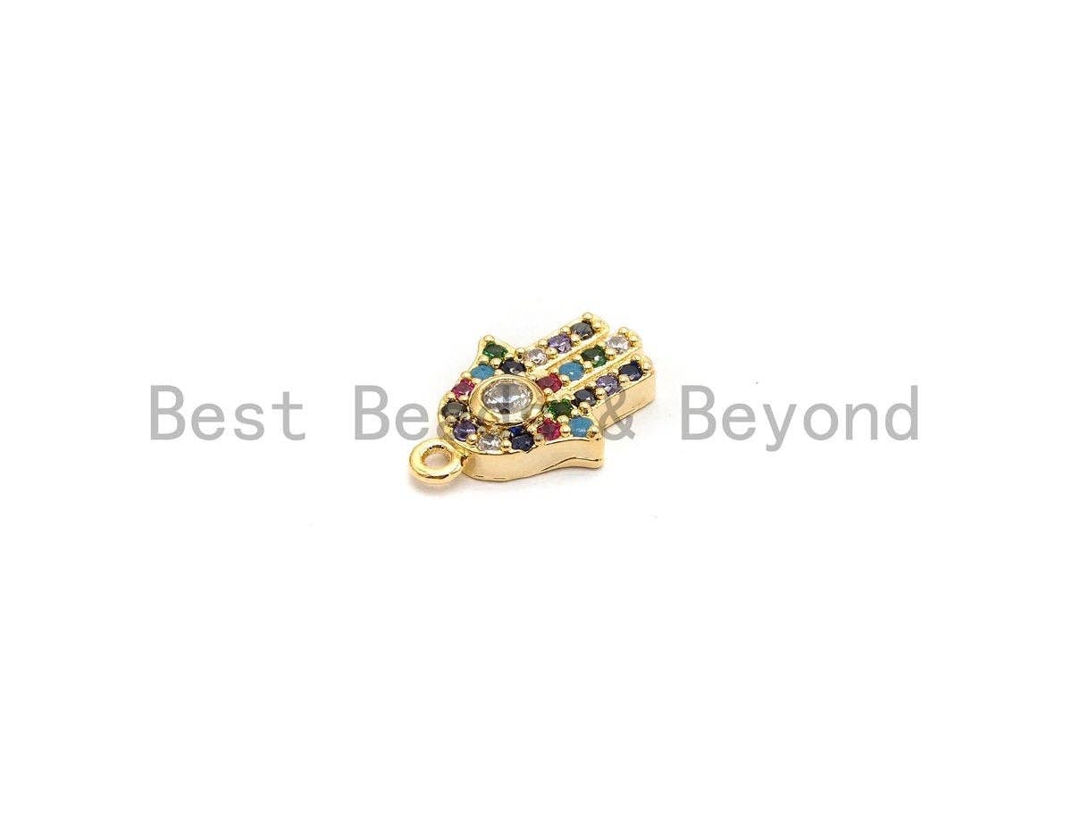 CZ Micro Pave Multi Color Hamsa Hand Pendant, Hamsa Hand Shaped Pave Pendant, Gold plated, 9x13mm, Sku#B114