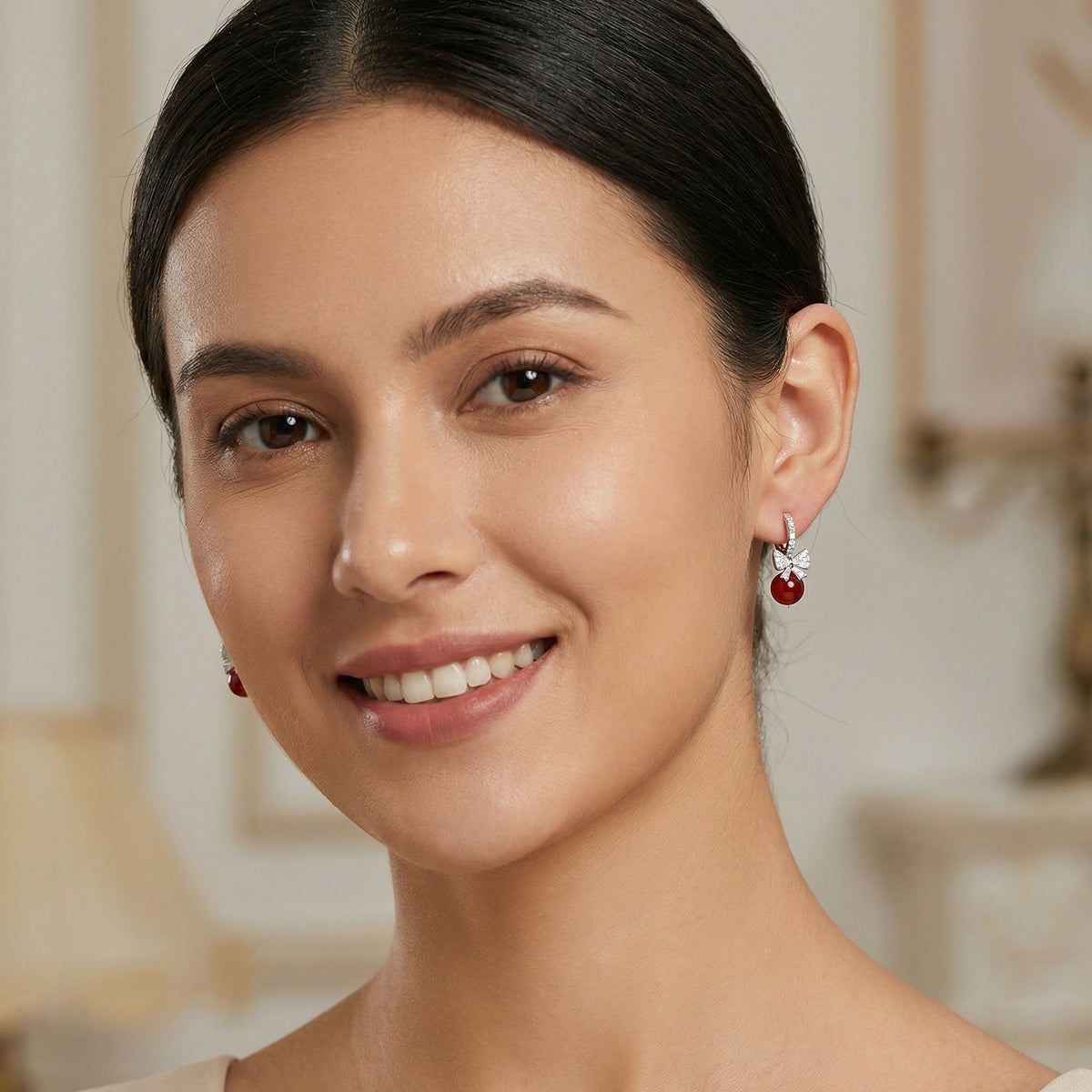 925 Sterling Silver Elegant Red Agate and Sparkling Crystal Bowknot Drop Hoop Earrings