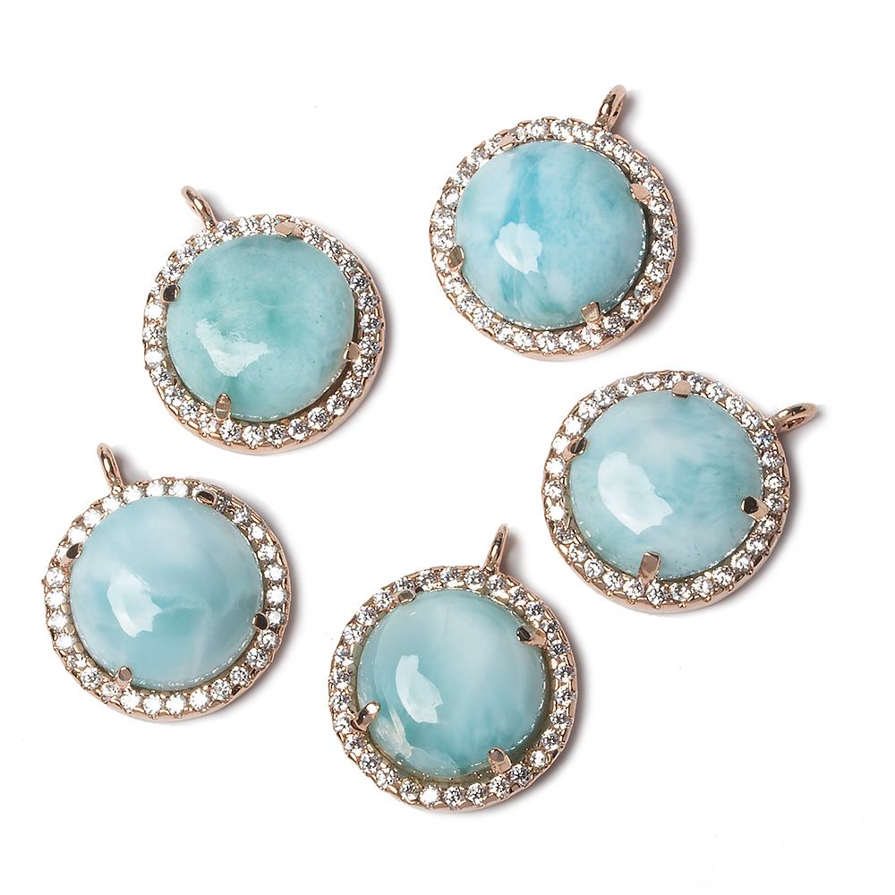 13mm Rose Gold Bezel CZ & Larimar Coin Pendant 1 focal bead