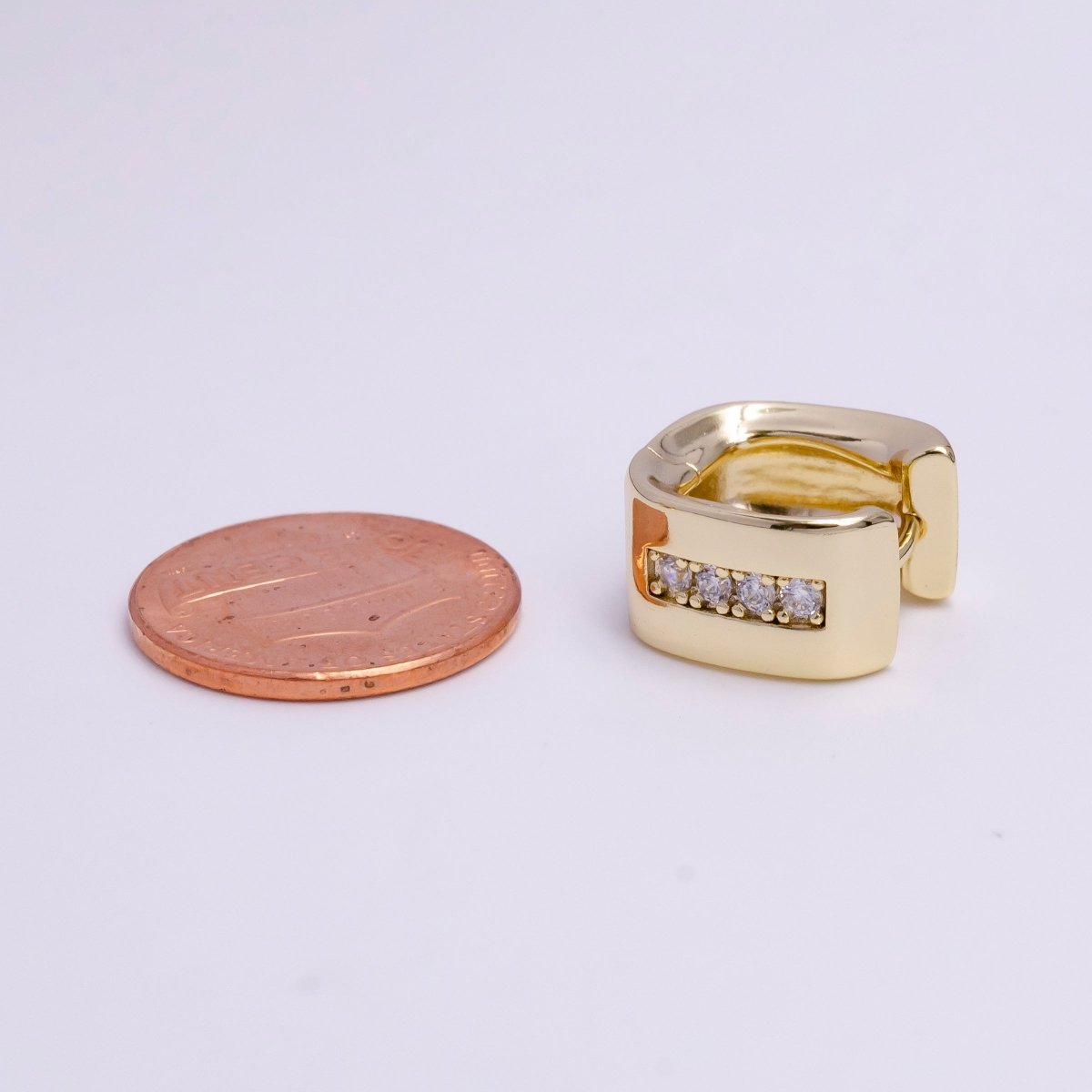 14K Gold Filled 15mm Clear CZ Lined Curve-Edged Wide Square Huggie Hoop Earrings | AD-459