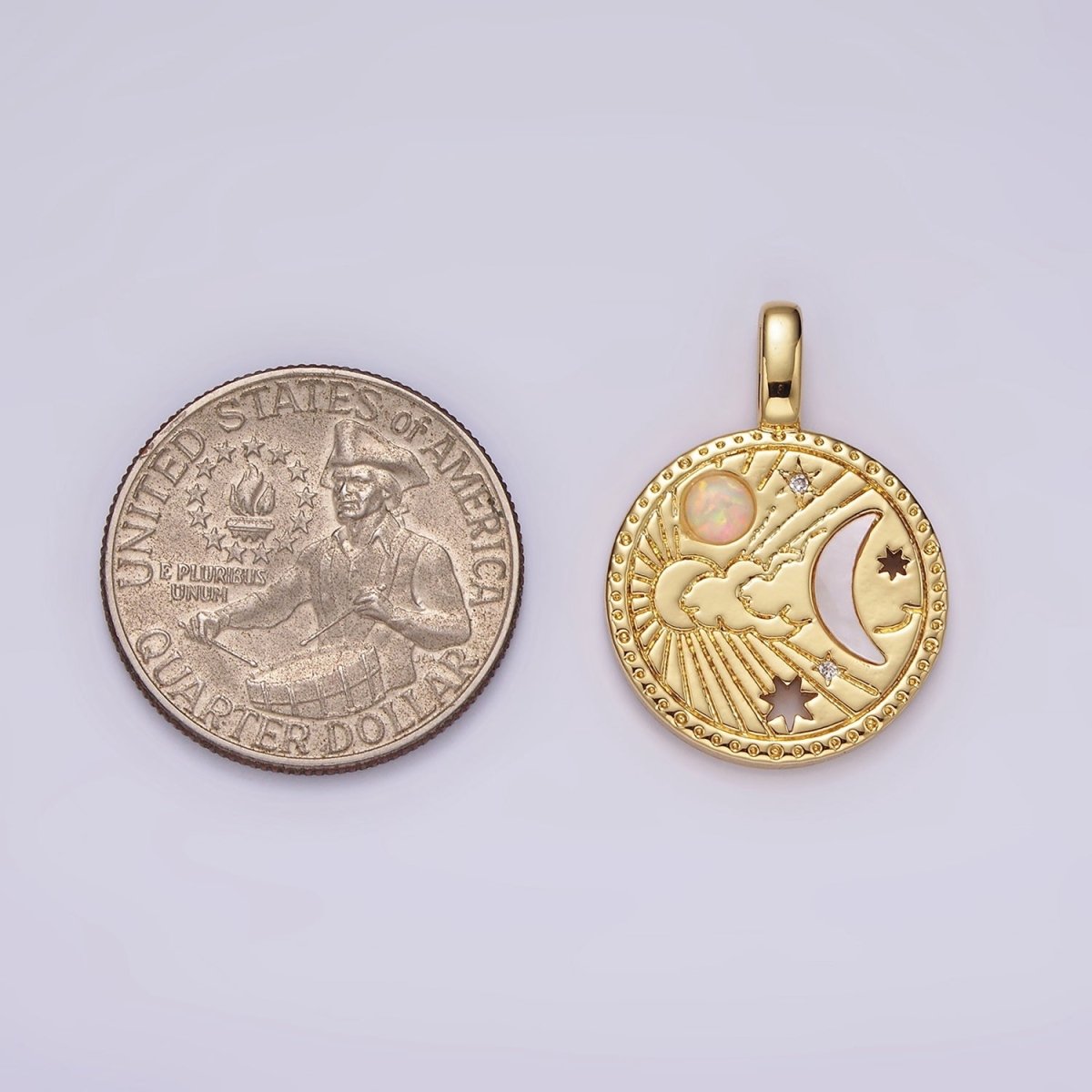 14K Gold Filled Celestial Sun Shell Pearl Crescent Moon CZ Open Star White Opal Round Charm | AH035