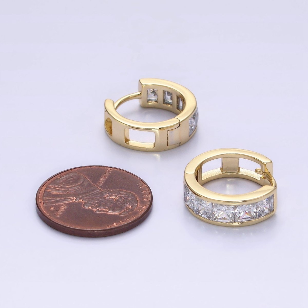 14K Gold Filled Clear Square CZ Lined 15mm Huggie Hoop Earrings in Gold & Silver | AD-430 AD-431