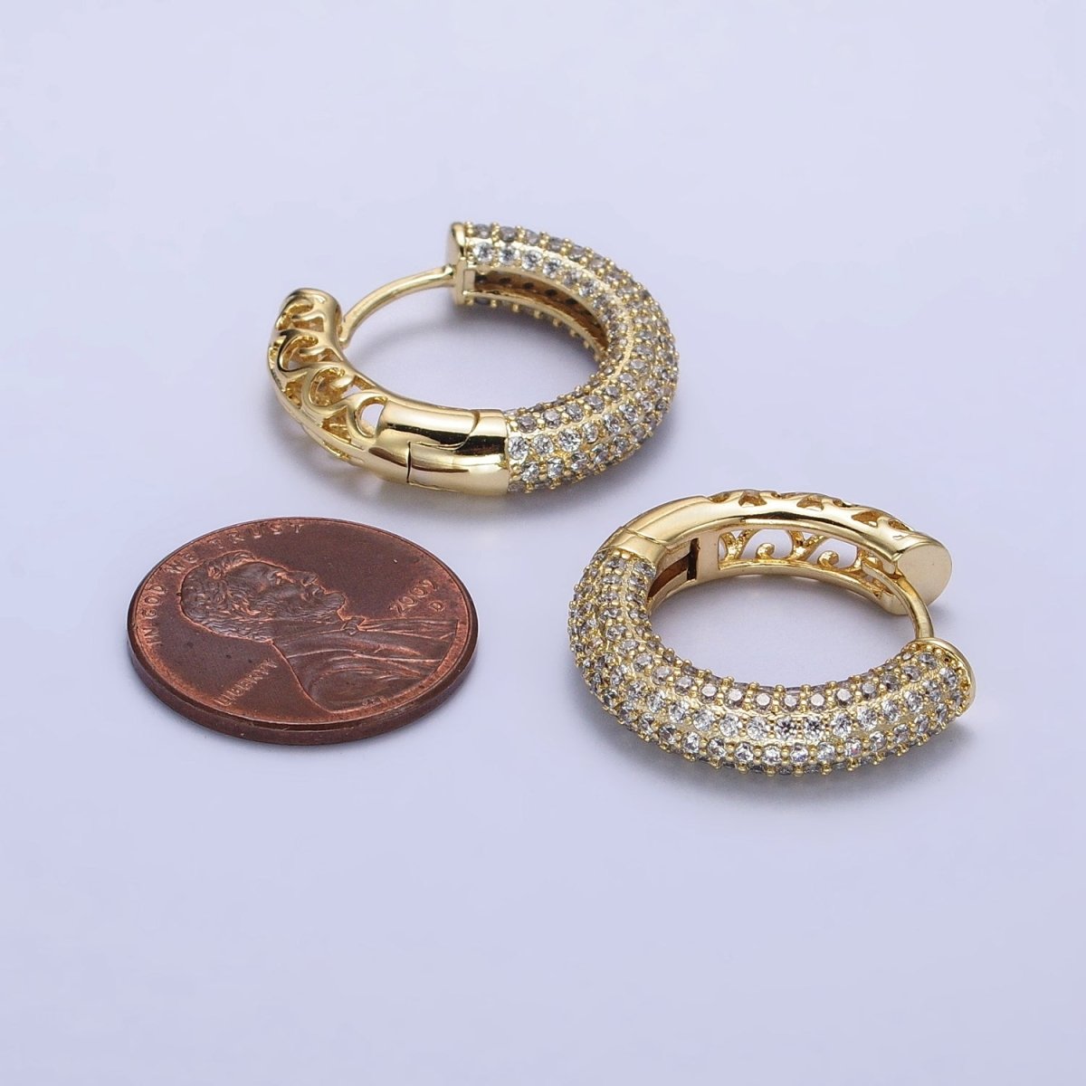 14K Gold Filled Filigree Micro Paved CZ 15mm Huggie Hoop Earrings | AB1528
