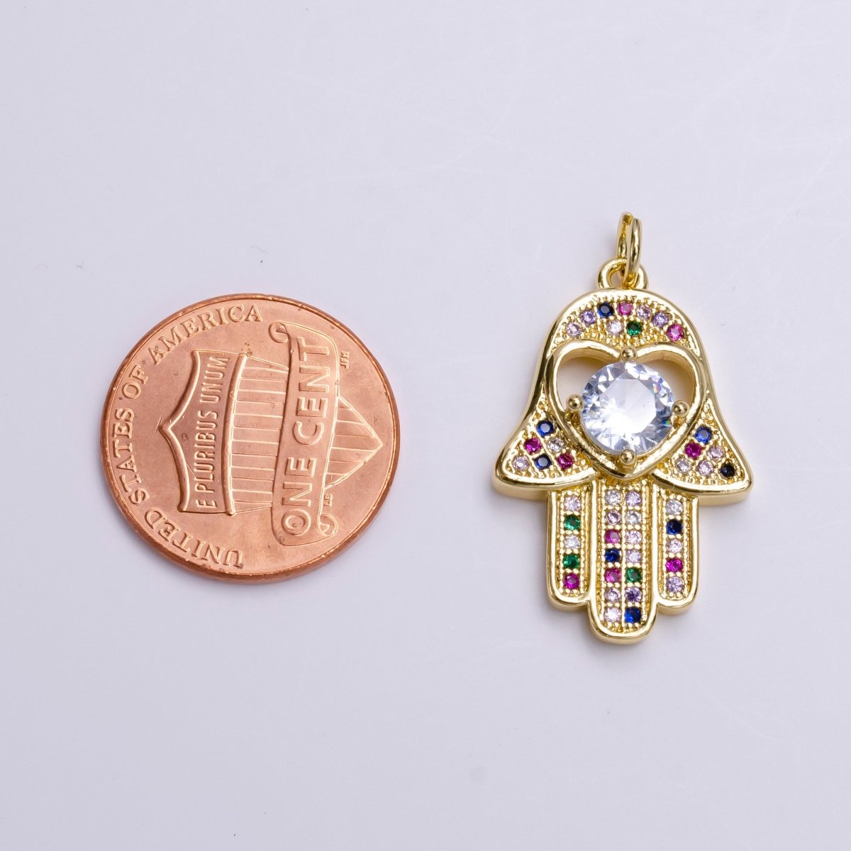 14K Gold Filled Heart Hamsa Hand Multicolor Micro Paved CZ Charm | AC1415