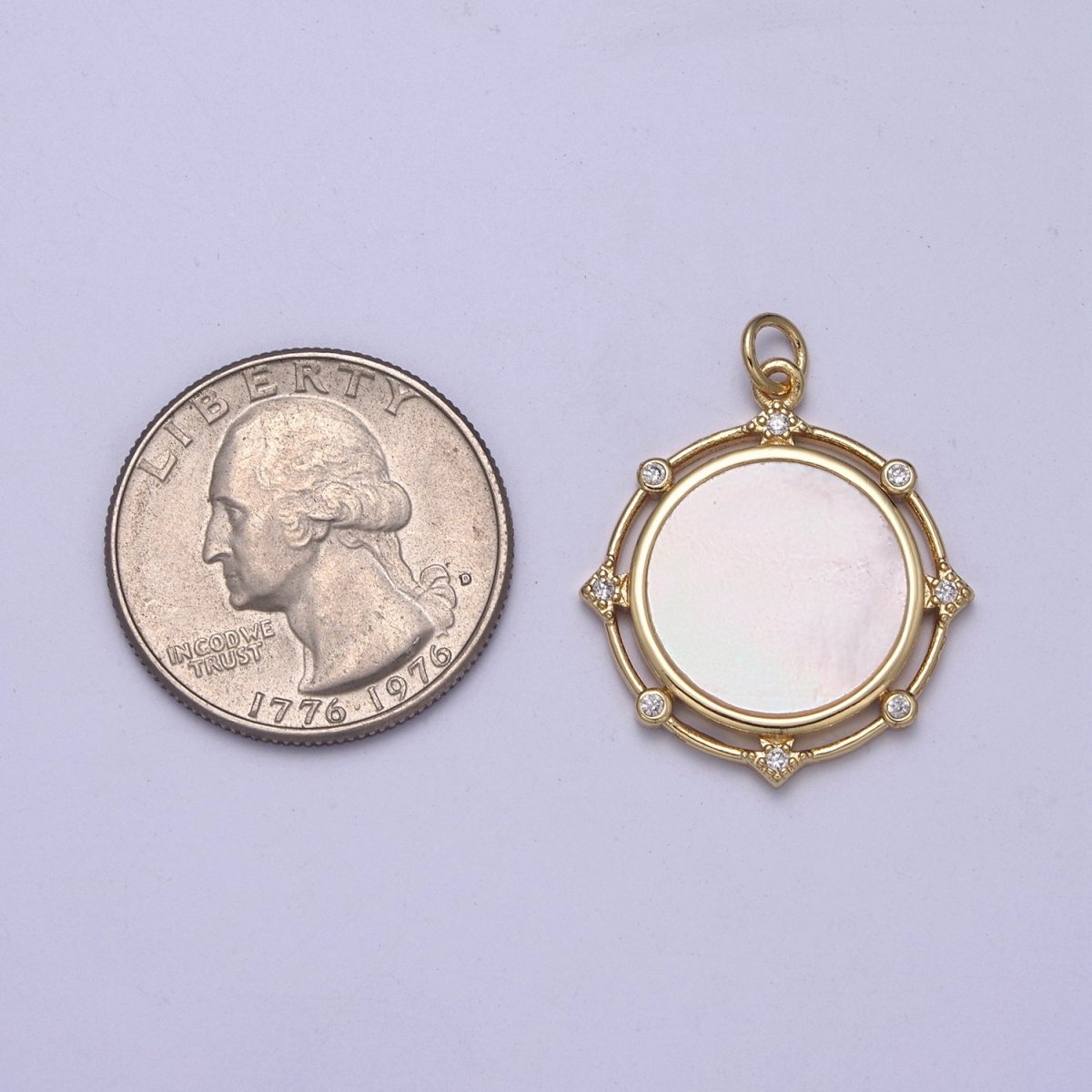 14K Gold Filled Micro CZ Pave Coin Charm with Shell Pearl Medallion Pendant for Necklace N-344