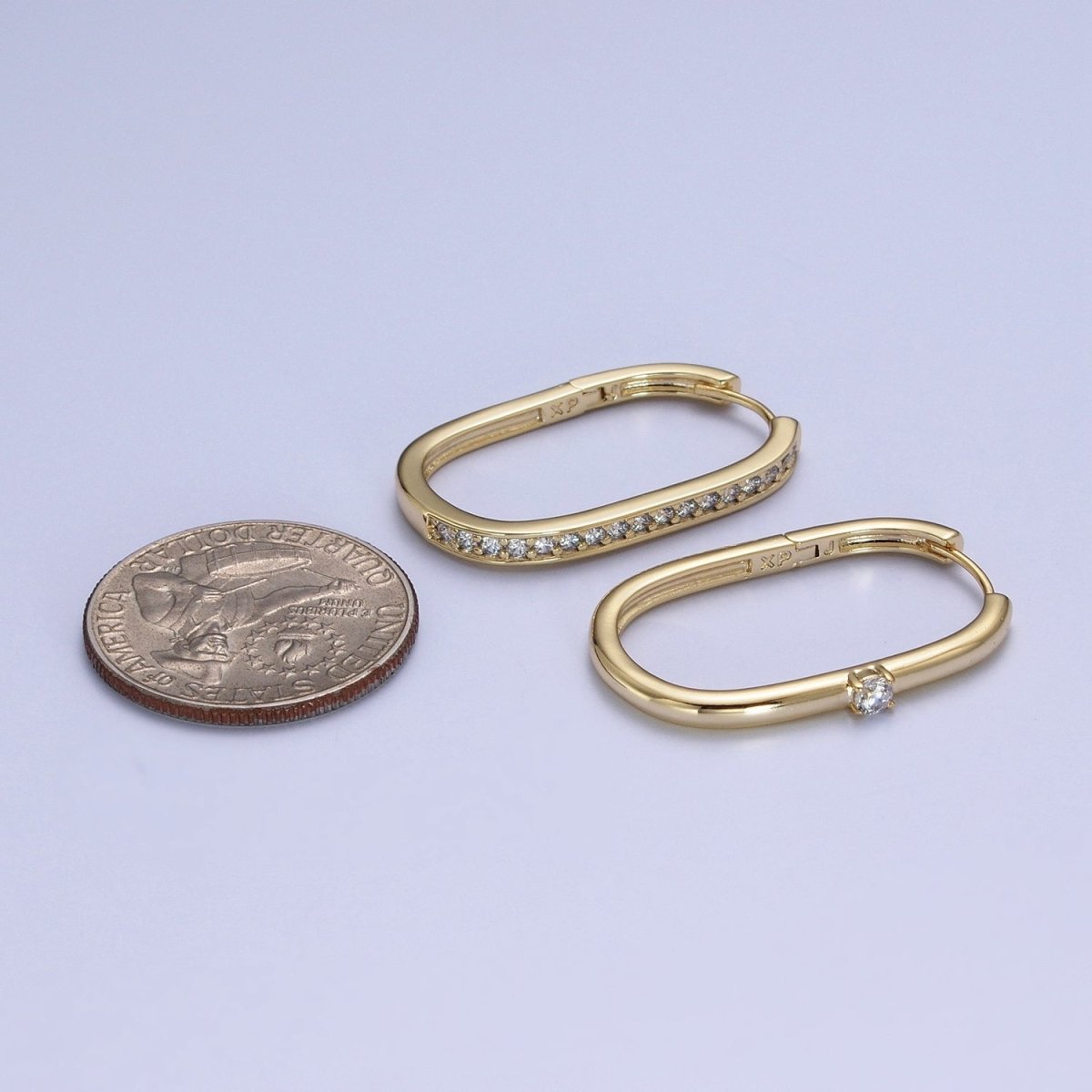 14K Gold Filled Mismatched U Shaped Huggie, Micro Paved & Round Cubic Zirconia Oblong Hoop Earrings Set | AD-054