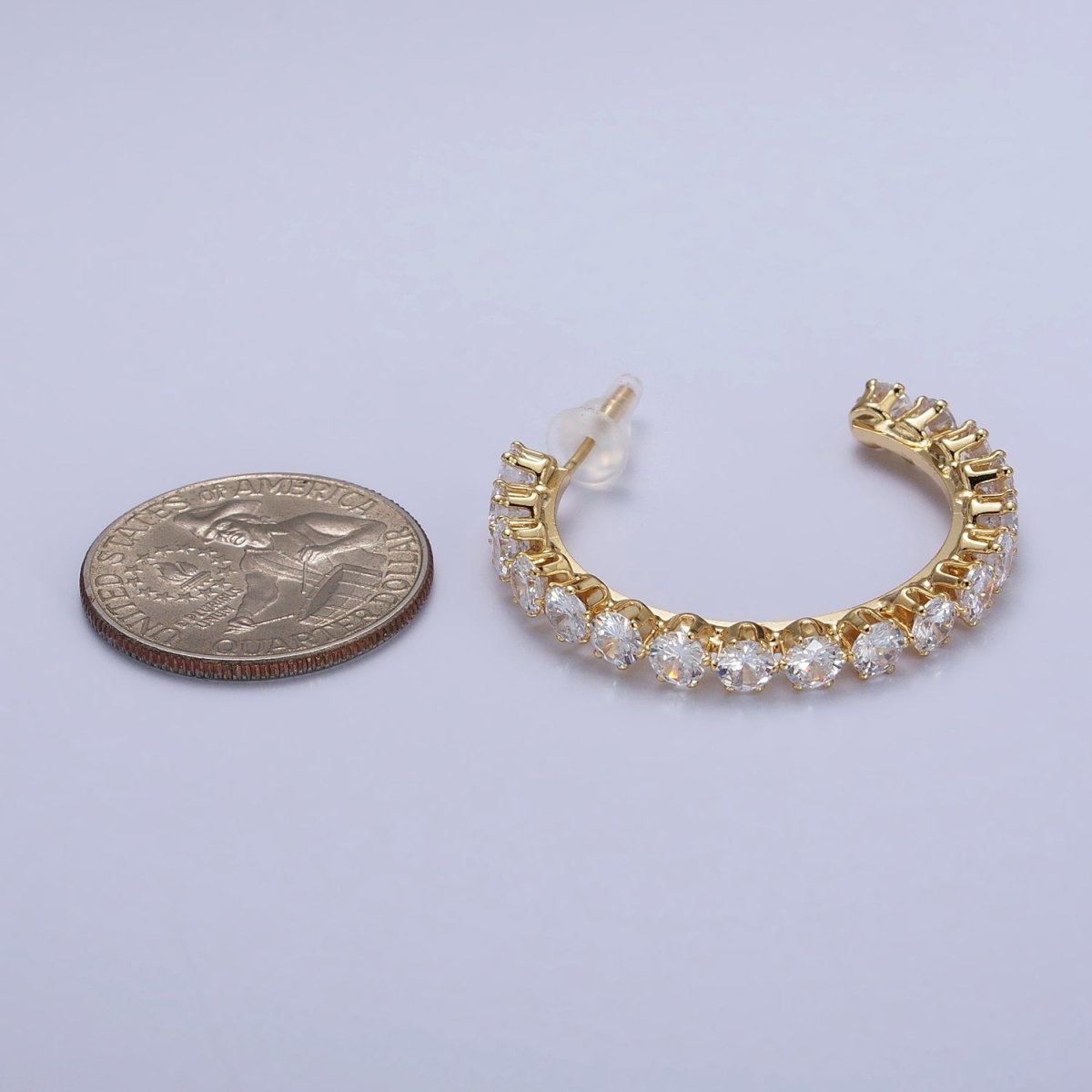 14K Gold Filled Round Clear CZ Lined C-Shaped 36mm Hoop Earrings | AB157
