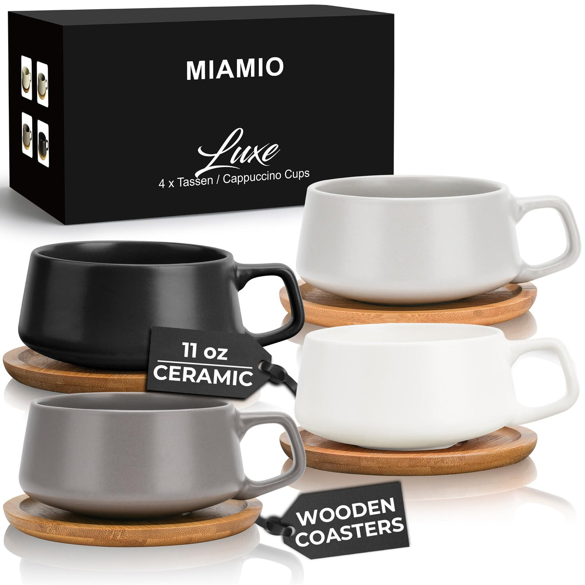 MIAMIO â 11 Oz. Set of 4 Ceramic Tea Cup and Saucer Bamboo/Tea Mug - Wide Cappuccino Cup Coffee Cups Ceramic Mug for Cappuccino Latte Espresso & Americano - Luxe Collection (Classic Pastel)