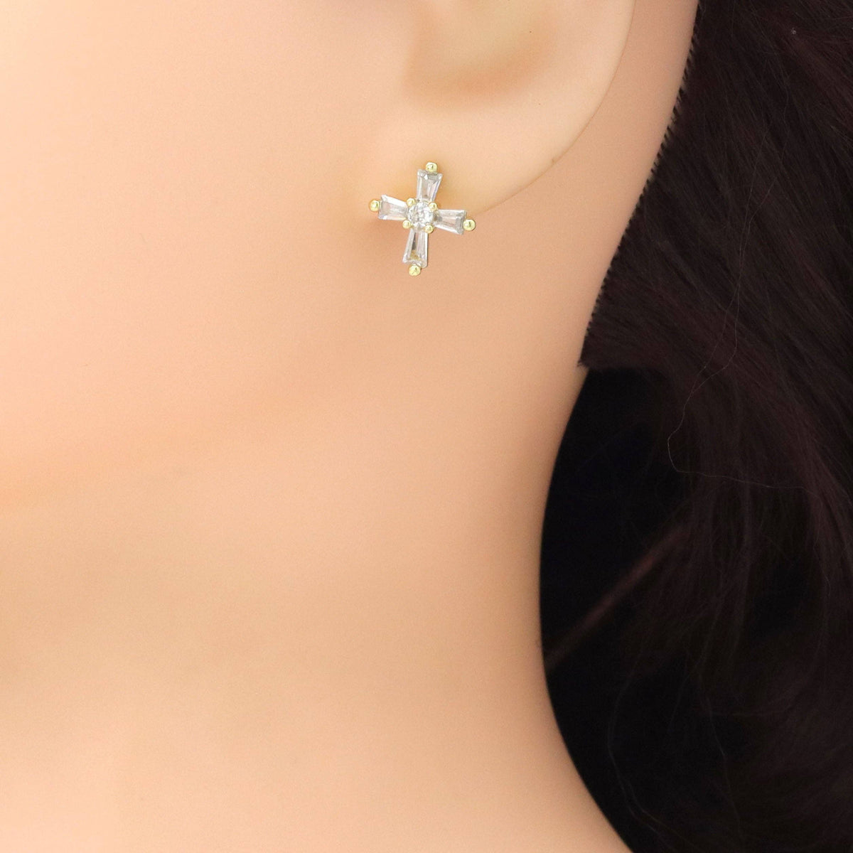 Baguette CZ Gold Cross Stud Earrings, Sku#LD656