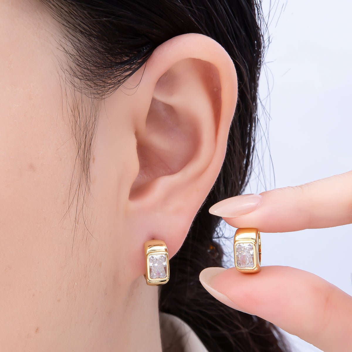16K Gold Filled 16mm Baguette CZ Wide Huggie Hoop Earrings | Earrings-00365