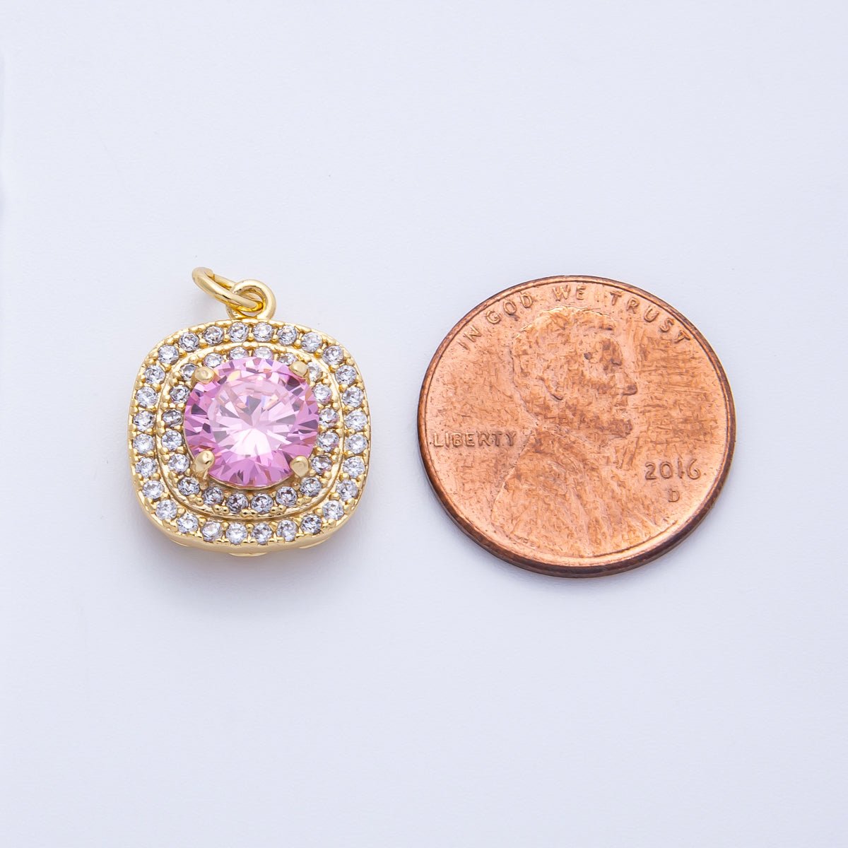 16K Gold Filled 17mm Pink Round Clear Micro Paved CZ Square Charm in Gold & Silver | Charms-00291 Charms-00292