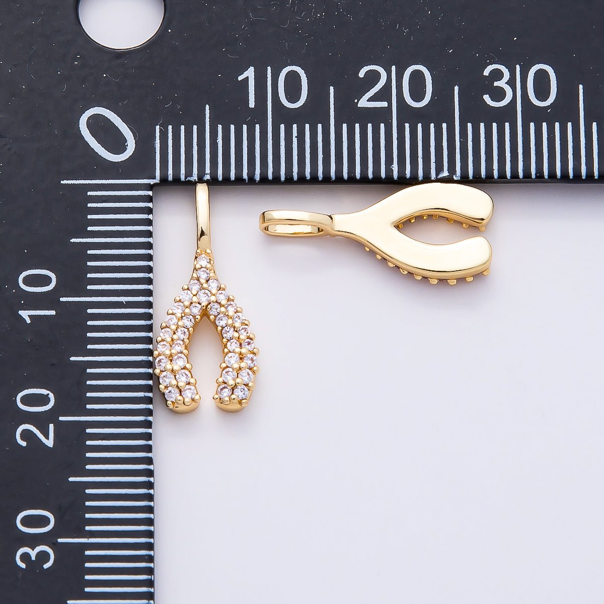 16K Gold Filled 18mm Clear Micro Paved CZ Wishbone Lucky Mini Pendant | Charms-00848